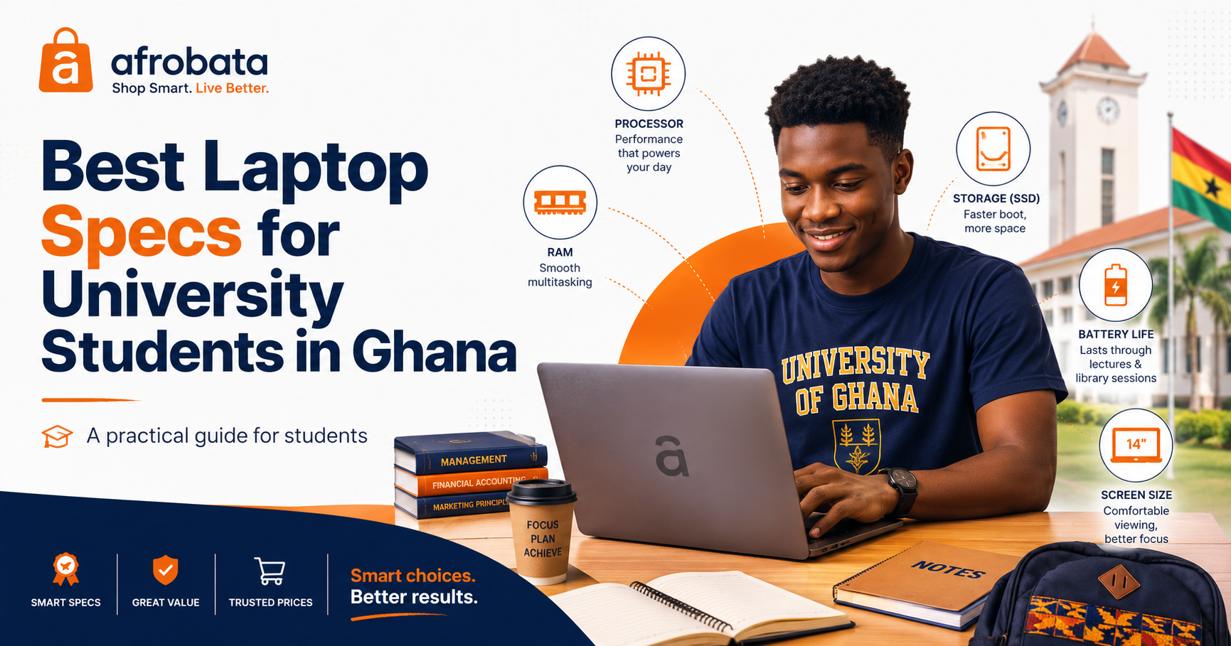 Ghanaian university student using a laptop on campus, with visual icons showing processor, RAM, SSD storage, battery life, and screen size for choosing a student laptop.